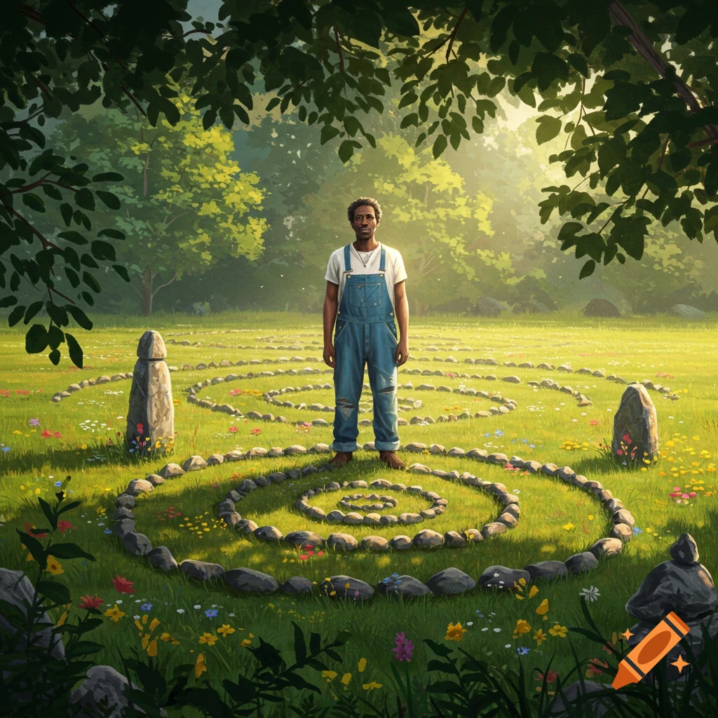 A man in denim overalls and a white t-shirt stands in a sunlit grassy field with spiral rock patterns and trees.