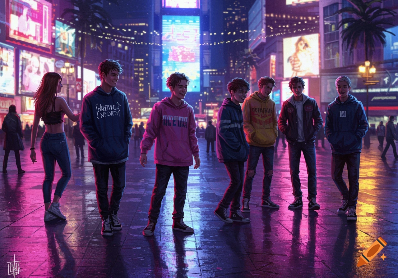 An illustration of young people walking on a vibrant, neon-lit city street at night.