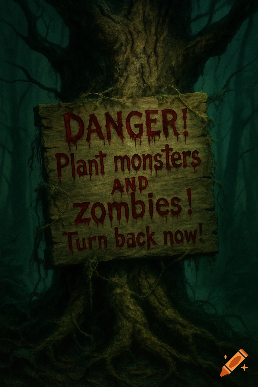 A wooden sign on a gnarled tree in a dark, eerie forest warns: 'DANGER! Plant monsters AND Zombies! Turn back now!' in blood-red text.