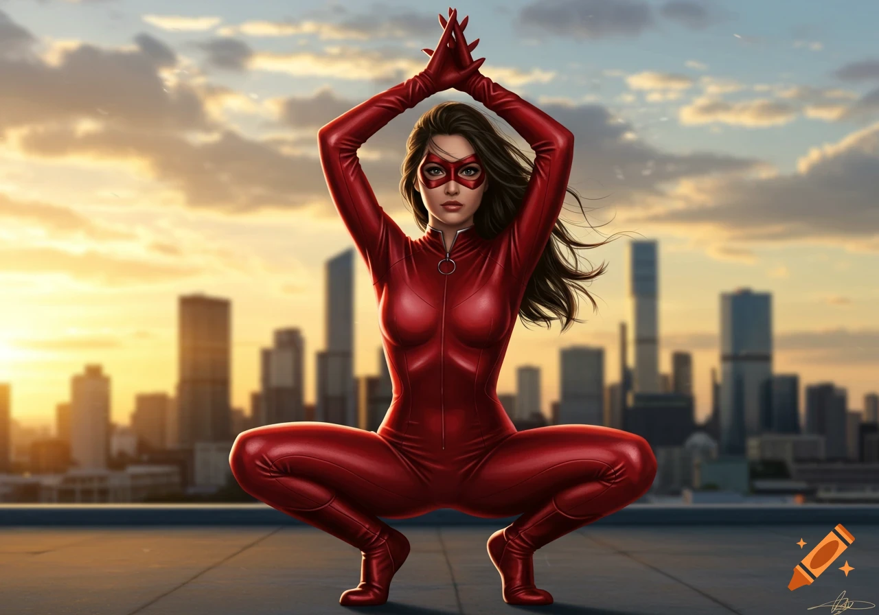 Digital art of a woman in a red catsuit squatting on a rooftop at sunset with a city skyline.