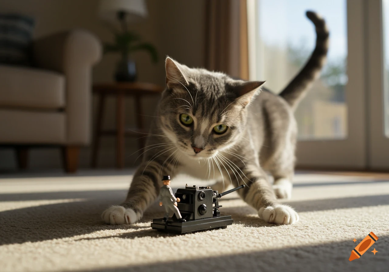 A grey tabby cat crouches, looking intensely at a small miniature figure beside a toy cannon on a carpeted floor, with sunlight streaming in.