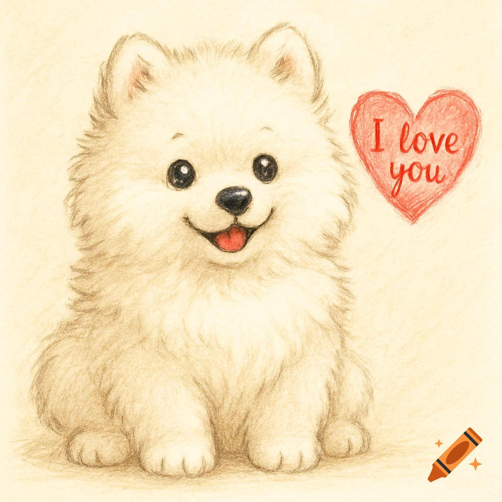 A cute, fluffy white puppy smiles next to a red heart with 'I love you', in a colored pencil illustration.
