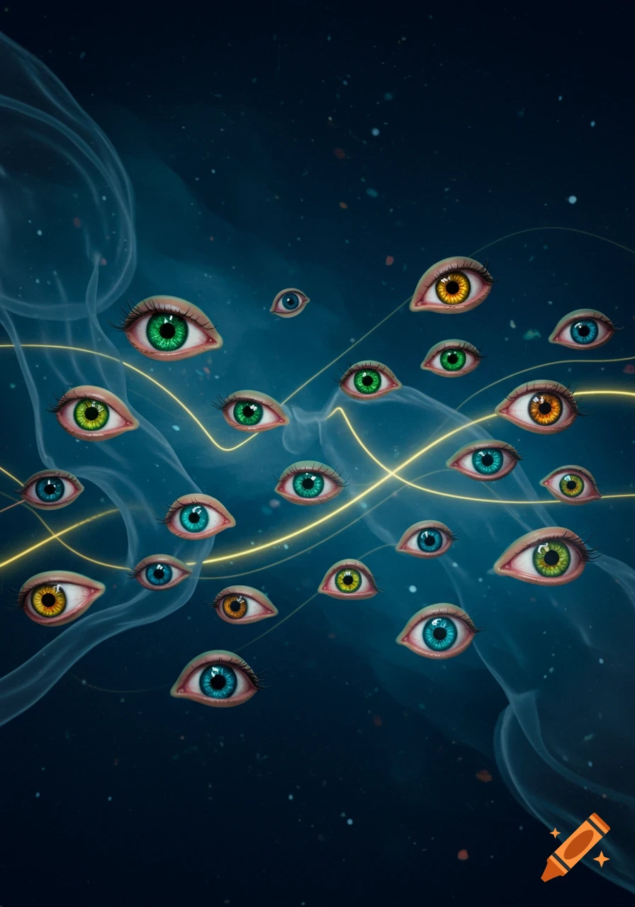 Numerous colorful eyes float in a dark blue, abstract space with glowing yellow lines and smoky tendrils.
