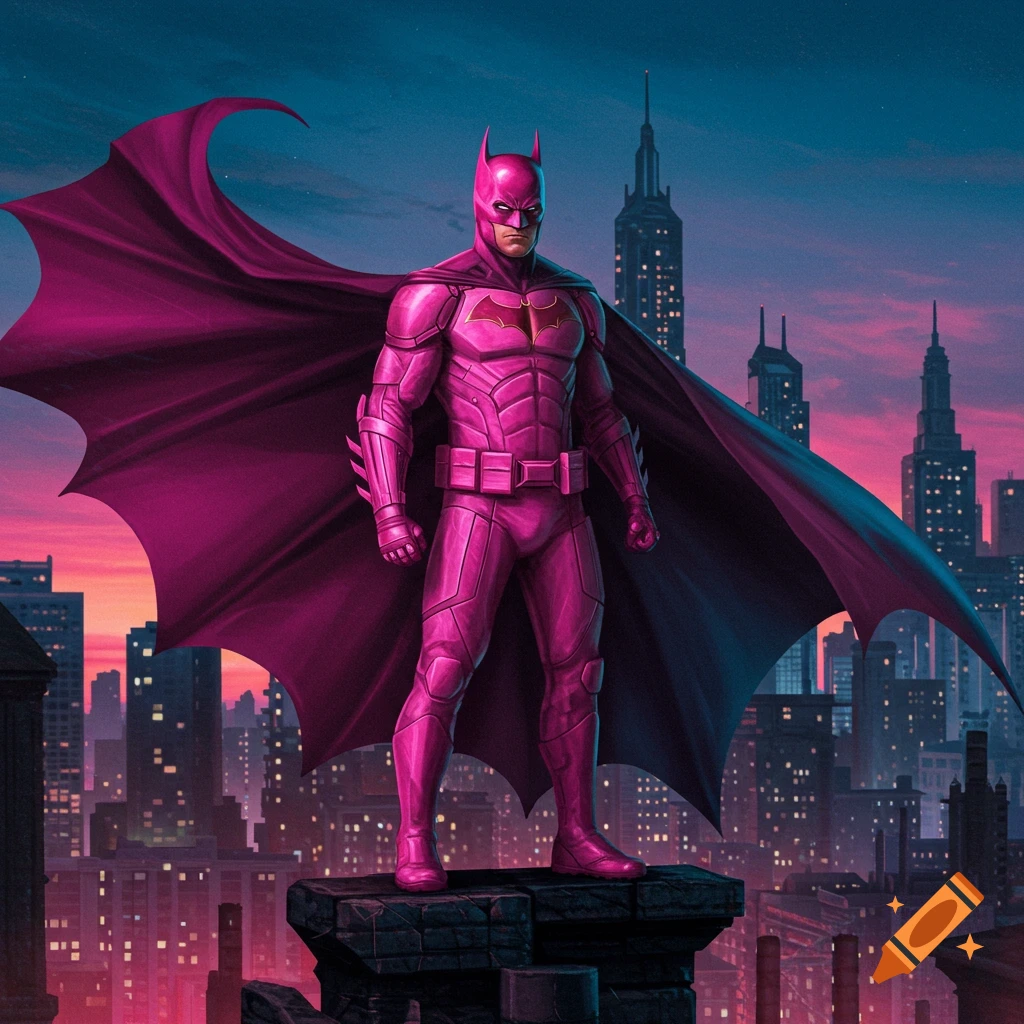 Pink-suited Batman on a city rooftop at sunset, flowing cape, comic art style.