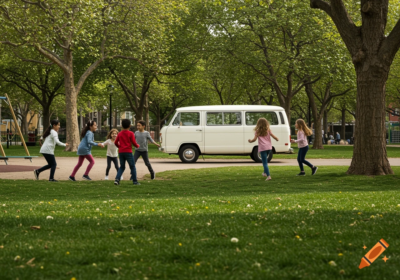 Photorealistic image of children playing on a grassy field in a park, with a white van parked on a path behind them.