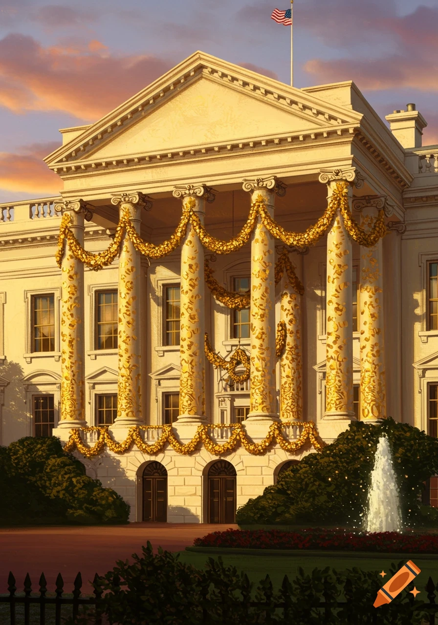 The White House facade adorned with elaborate gold garlands and decorations under a sunset sky, with a fountain and garden.