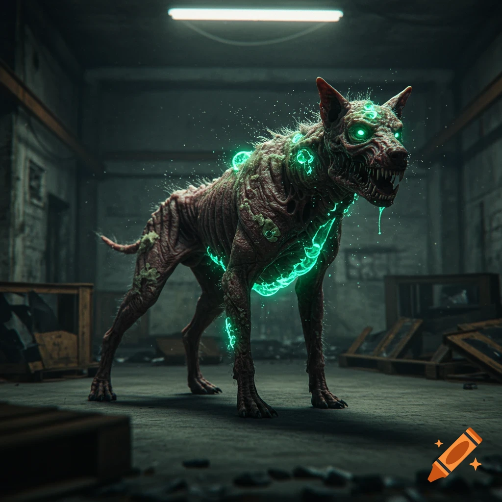 A photorealistic image of a mutated, emaciated dog with glowing green eyes and bioluminescence on its body, in a dark, gritty room.
