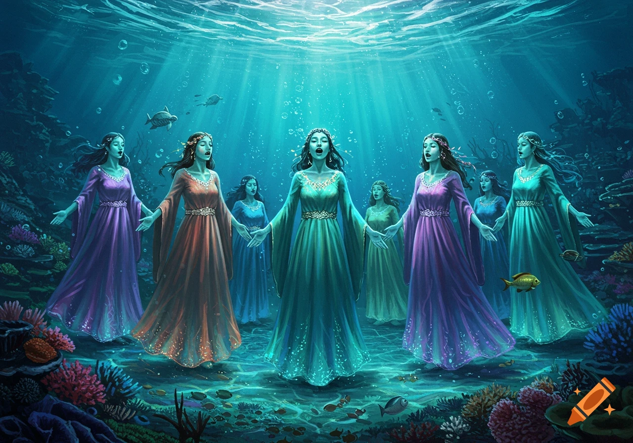 Fantasy illustration of women in colorful gowns singing underwater with coral, fish, and shimmering light.