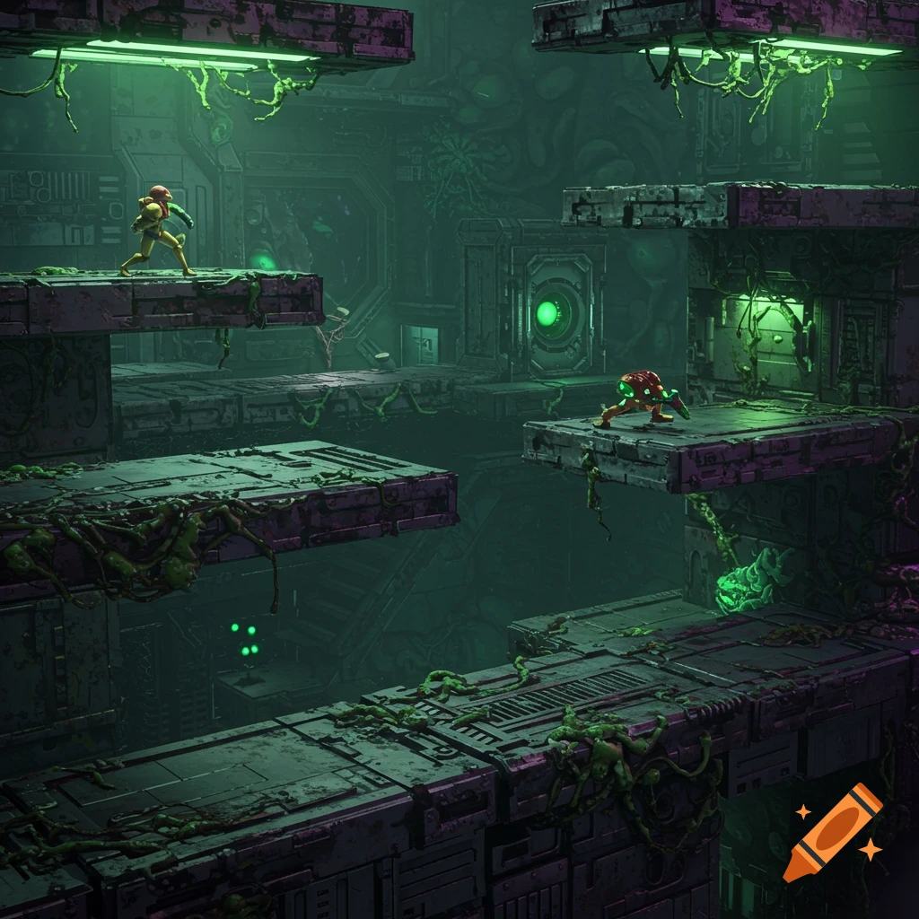 Two characters in orange and red power suits navigate a dark, green-lit, mossy sci-fi platforming environment.
