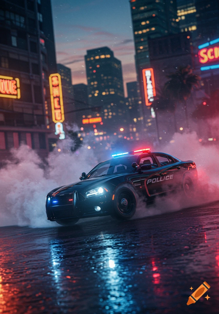 A black police car with flashing red and blue lights speeds through a wet city street at night, trailing smoke. Neon signs illuminate the tall buildings in the background.