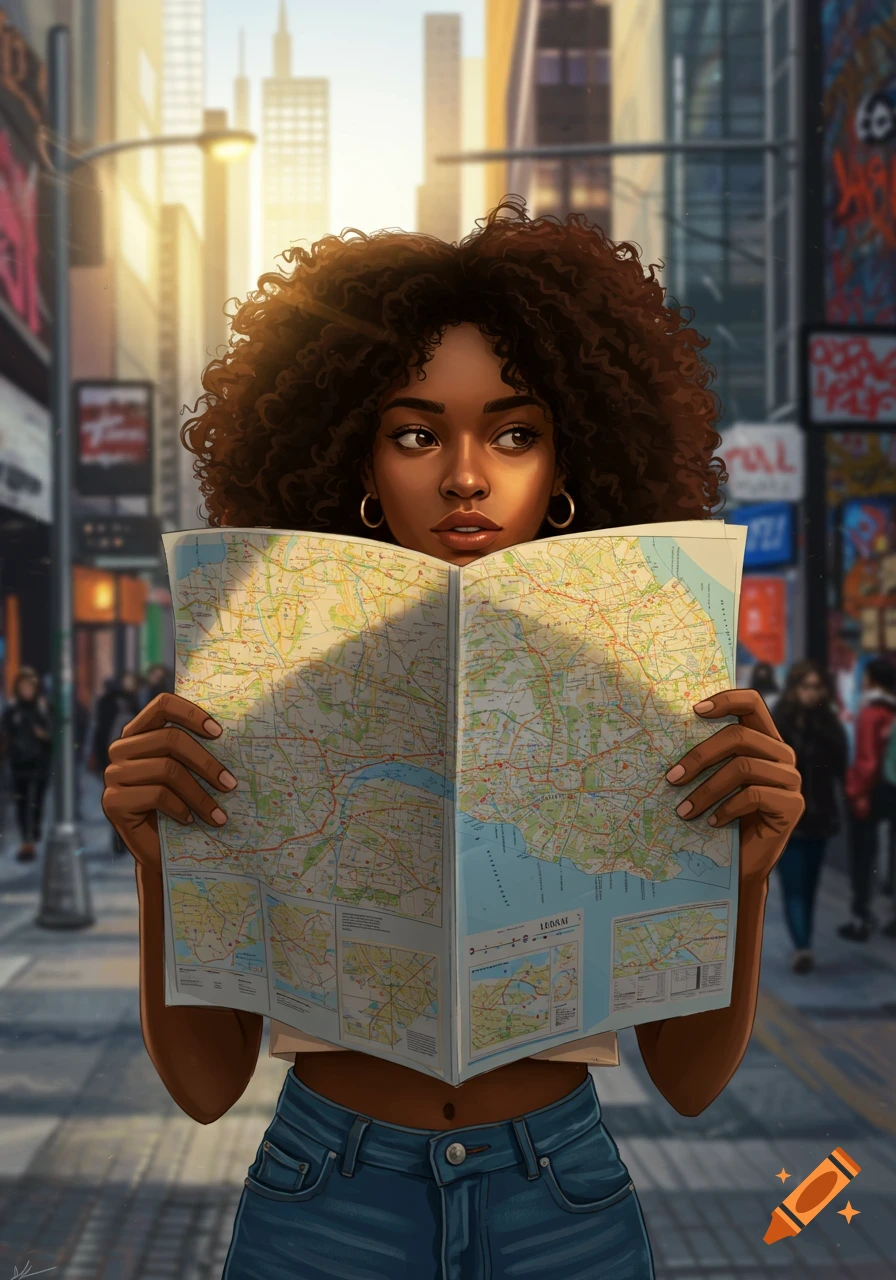 A Black woman with curly hair holds a map in a bustling city street at sunset, looking intently to the side. Artistic style.