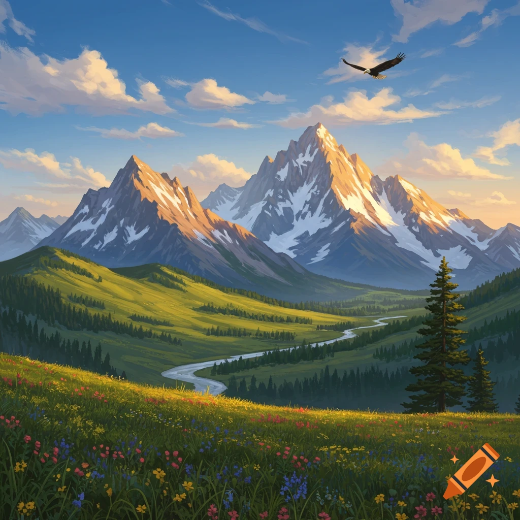 A vibrant painterly landscape with snow-capped mountains, a green valley with a river, wildflowers, and an eagle flying.