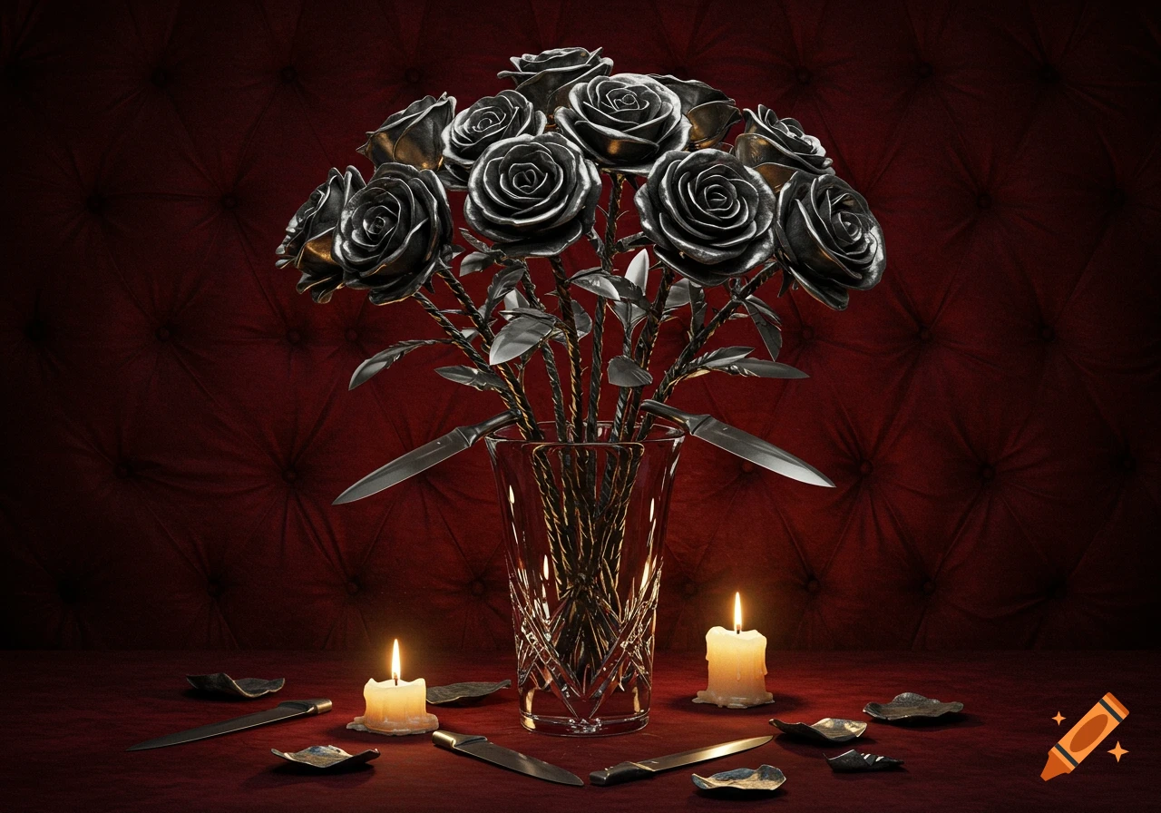 Photorealistic still life of metallic knife-roses in a crystal vase, with lit candles and knives on a red velvet table.