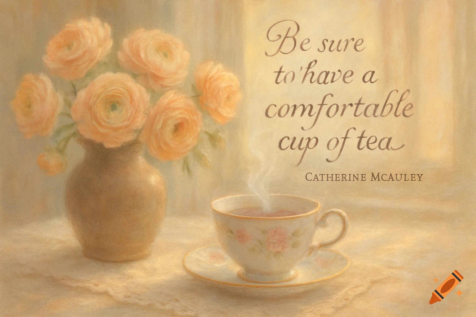 Pastel painting of orange ranunculi in a vase, a steaming teacup, and a quote in calligraphy.