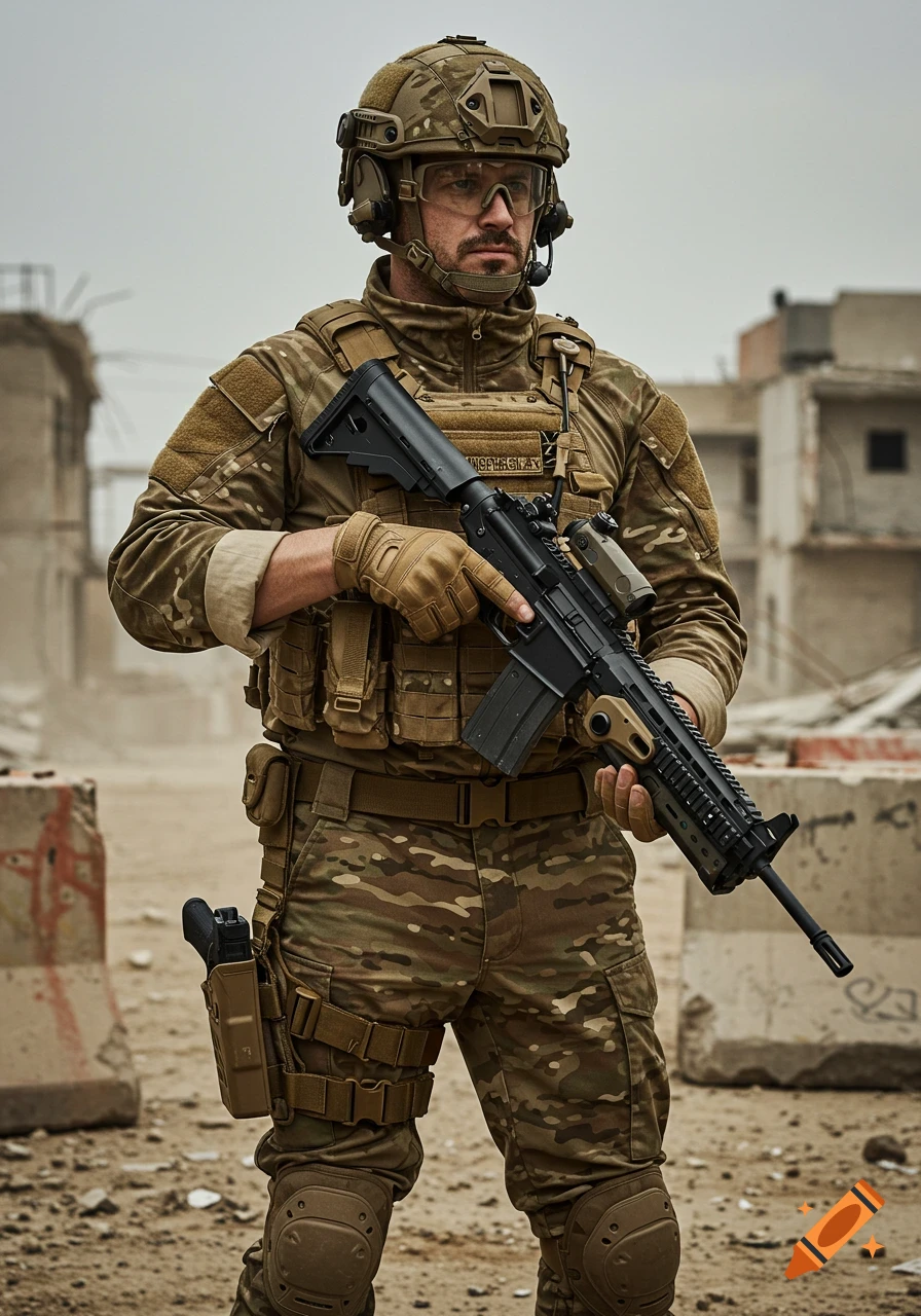 A photorealistic image of a soldier in full combat gear holding a rifle in a desolate urban environment.