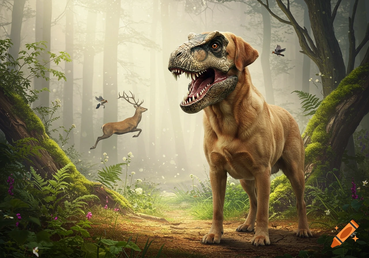 A photorealistic image of a dog with a T-rex head standing in a forest, with a deer and birds in the background.