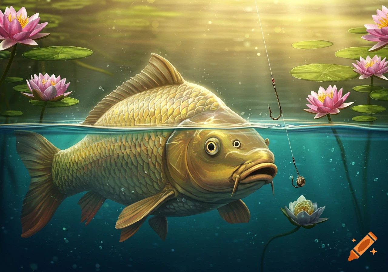 A large golden carp with its head above water looks at a fishing hook, surrounded by pink water lilies in a bright, illustrative style.