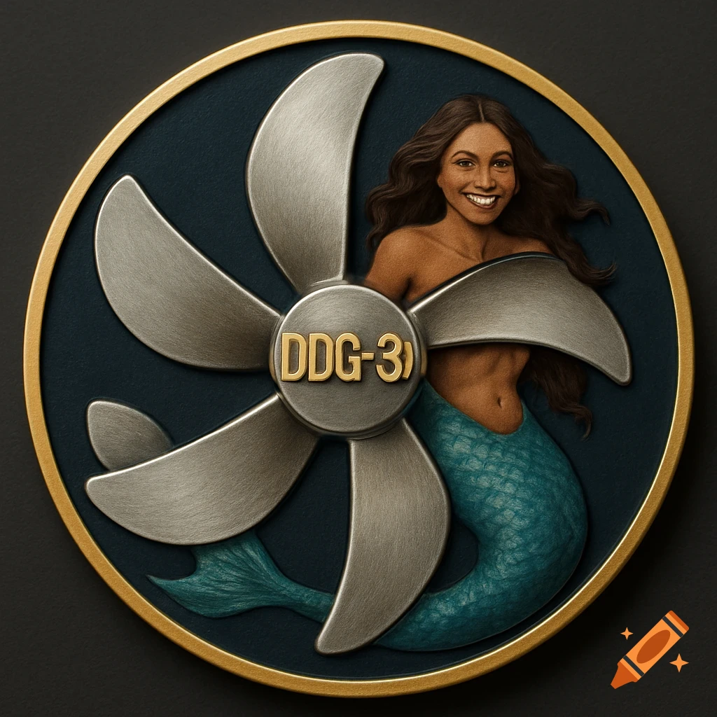A circular emblem with a gold rim. A smiling mermaid with brown hair and a blue-green tail is partially obscured by a five-bladed silver propeller with 'DDG-3)' in gold lettering.