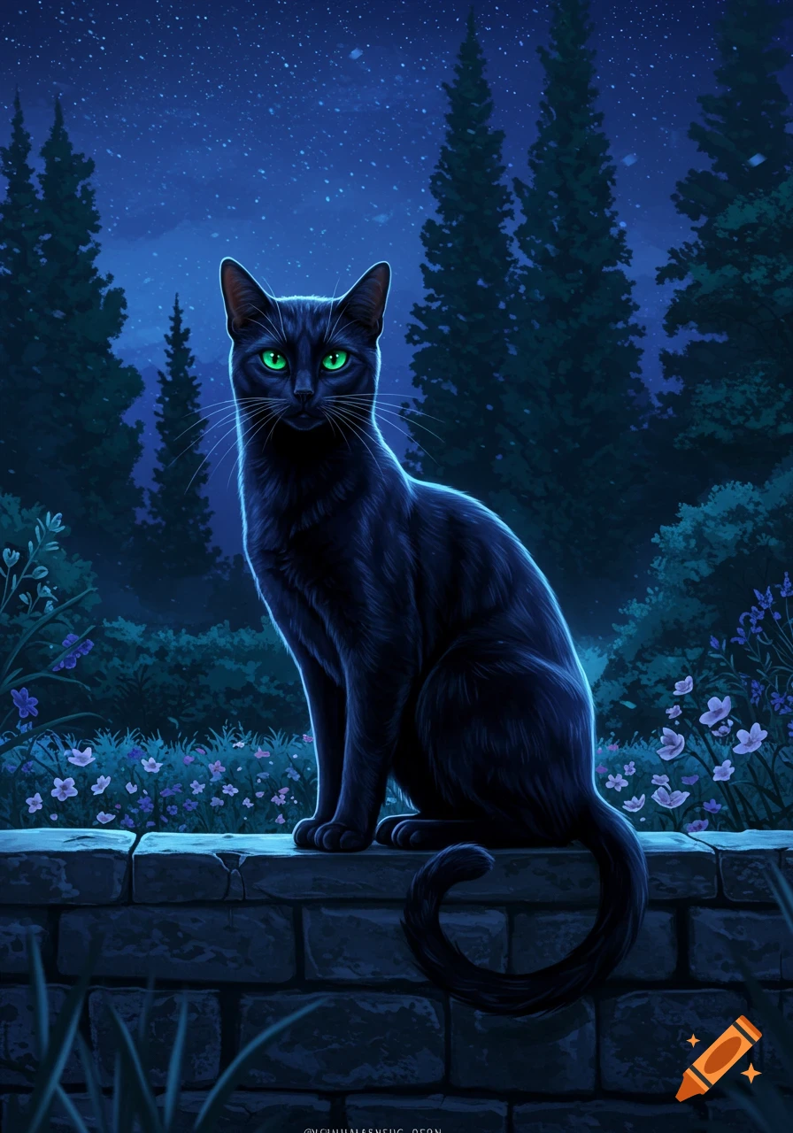 A black cat with glowing green eyes sits on a stone wall in a moonlit ...
