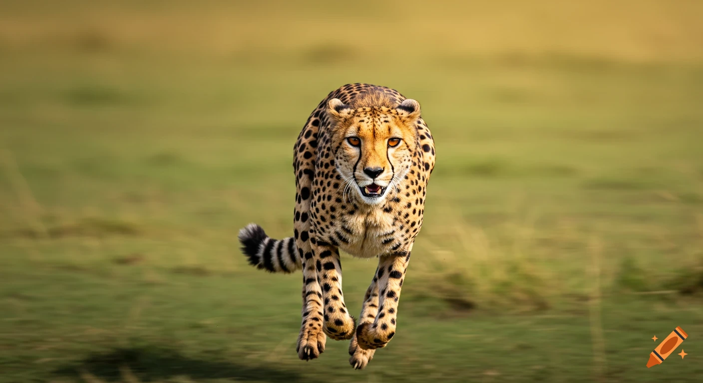A photorealistic cheetah sprinting directly toward the camera across a motion-blurred grassy field.