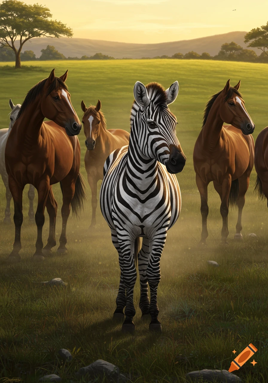 A photorealistic painting shows a zebra among several brown horses in a hazy green field at sunset.