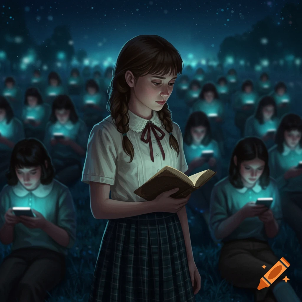 An illustrative image of a girl reading a book in a field at night, surrounded by other girls looking at glowing smartphone screens.