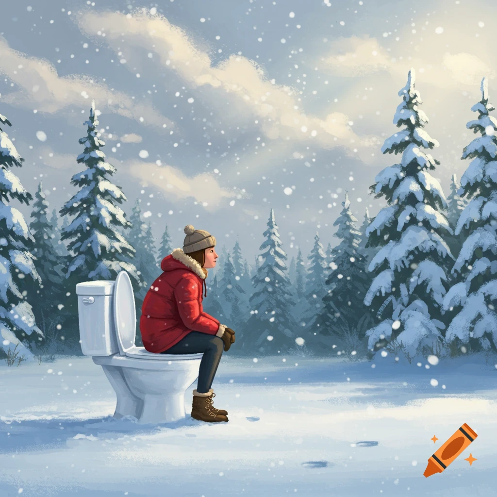 A person in a winter coat and hat sits on a toilet in a snowy forest during a snowfall, looking into the distance.