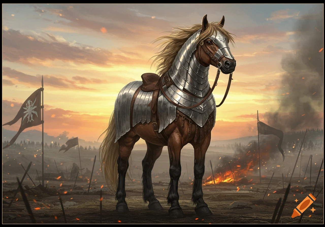 A brown war horse in silver armor stands on a battlefield with fires and flags at sunset.