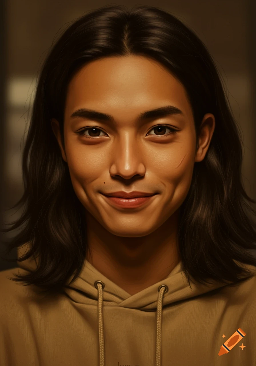 Photorealistic portrait of a young person with long dark hair, a subtle smile, dimples, and a scar on their left cheek, wearing a tan hoodie.