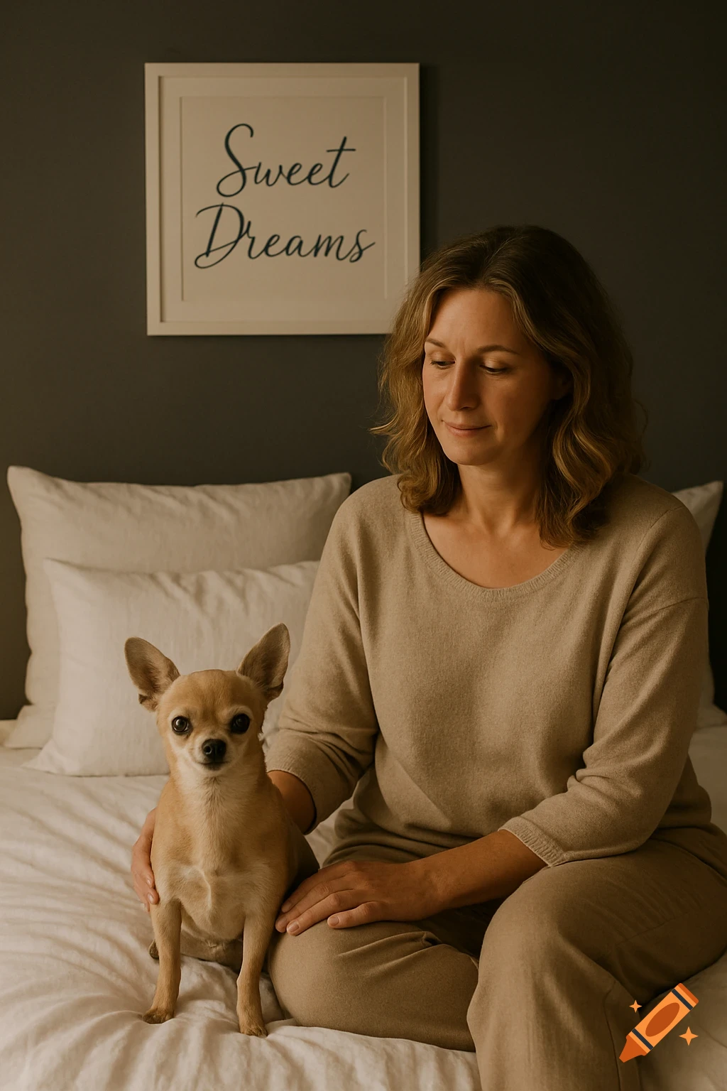 A woman and a chihuahua sitting on a white bed with a 'Sweet Dreams' picture on the wall.