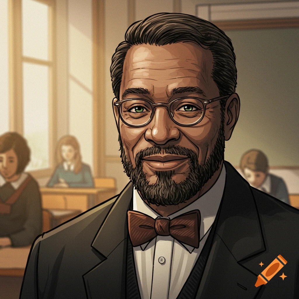 A comic book style portrait of a smiling older male teacher with a beard and glasses, wearing a bow tie and blazer, in a classroom.
