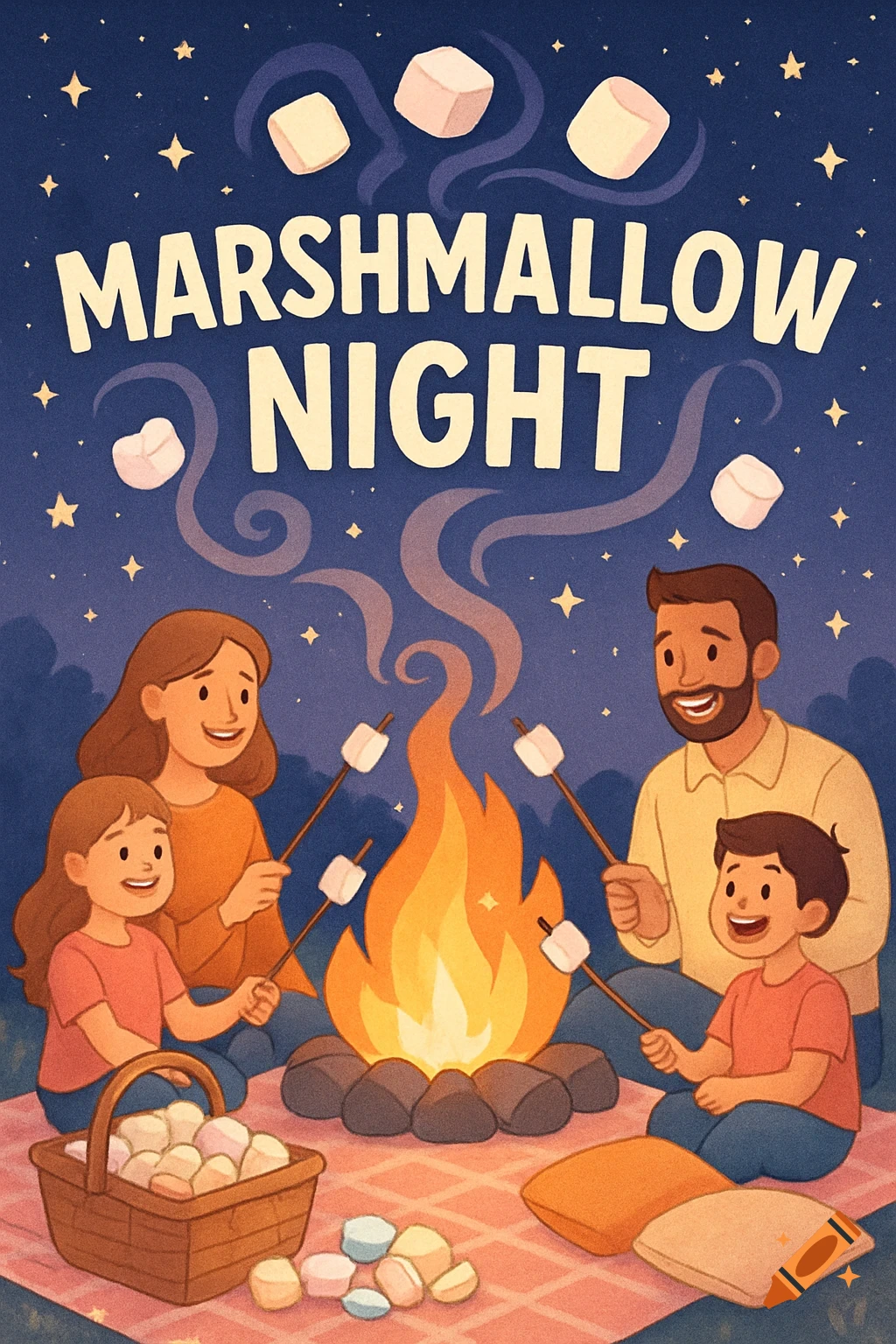 A family roasts marshmallows over a campfire under a starry sky, with text MARSHMALLOW NIGHT, in an illustration style.