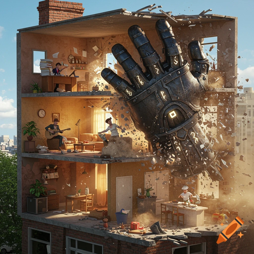 A 3D animated cutaway of a 4-story building being destroyed by a giant armored hand, with people inside reacting to the chaos.