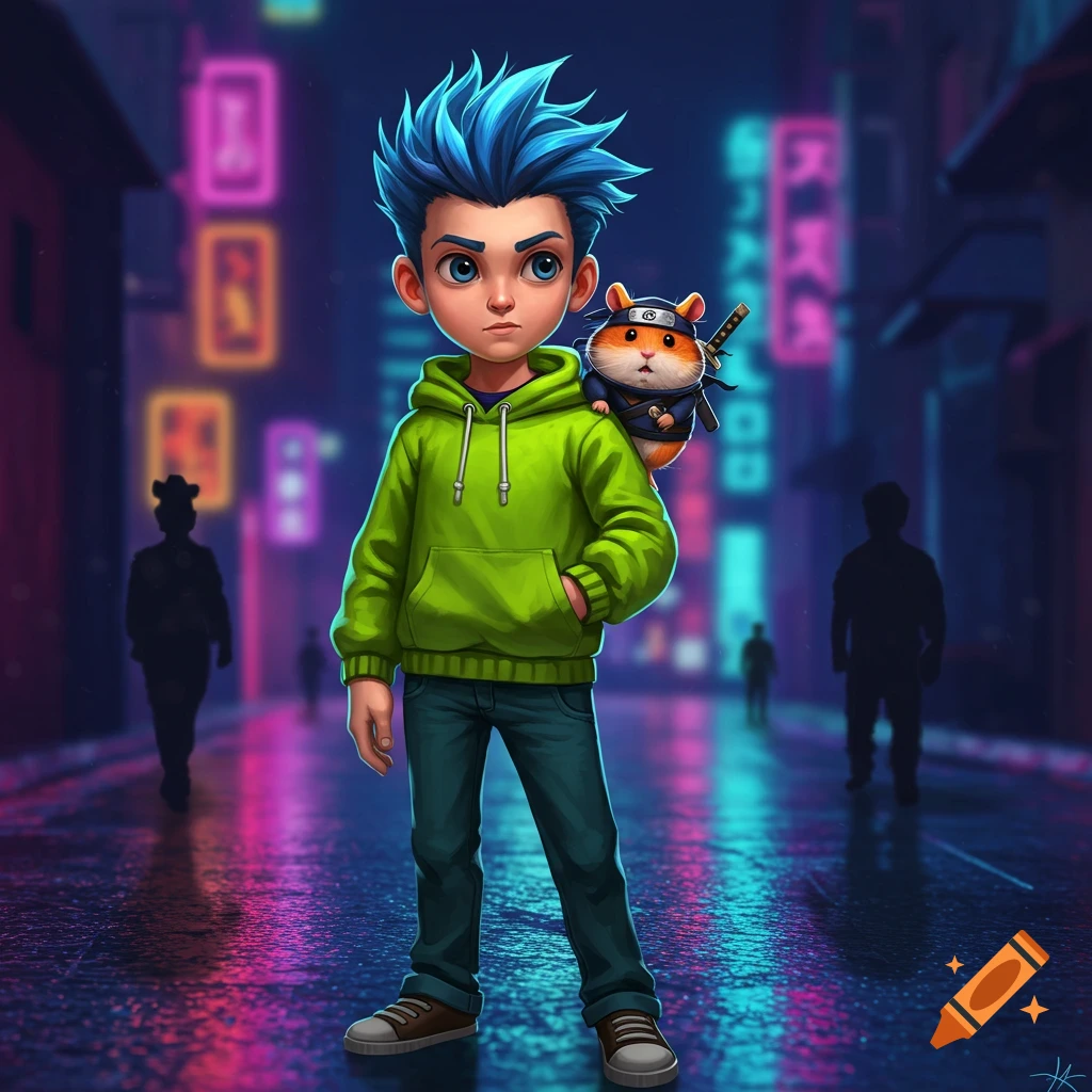 Cartoon boy with spiky blue hair and green hoodie, a ninja hamster on his shoulder, on a neon-lit city street.