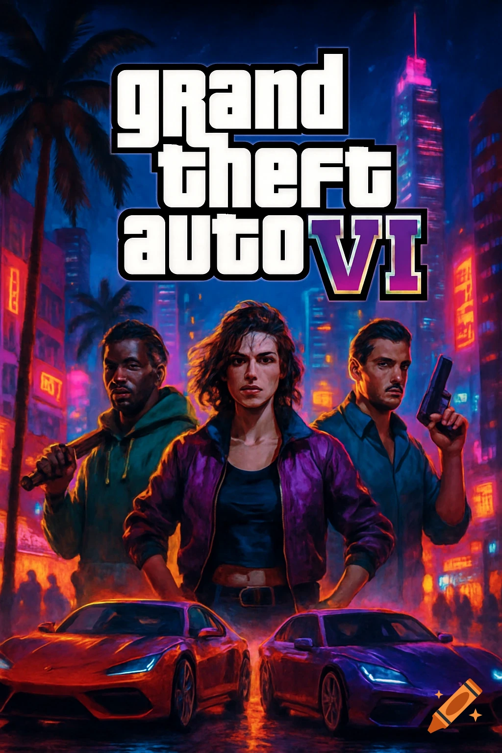 Three diverse characters and two sports cars against a neon-lit city, with 'Grand Theft Auto VI' logo at top. Digital art style.