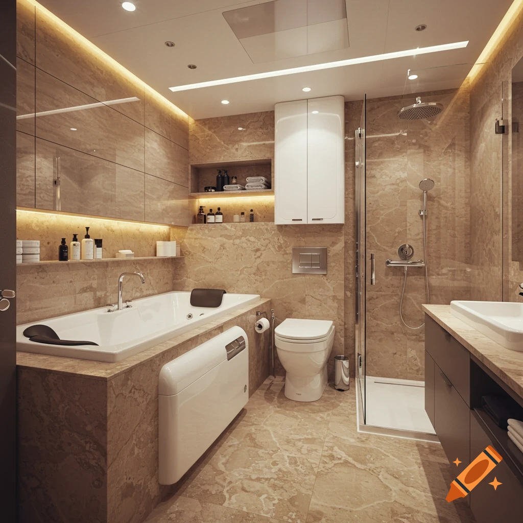 Modern luxurious bathroom with marble walls and floor, bathtub, toilet, walk-in shower, and a vanity with a sink, illuminated by warm LED lighting.
