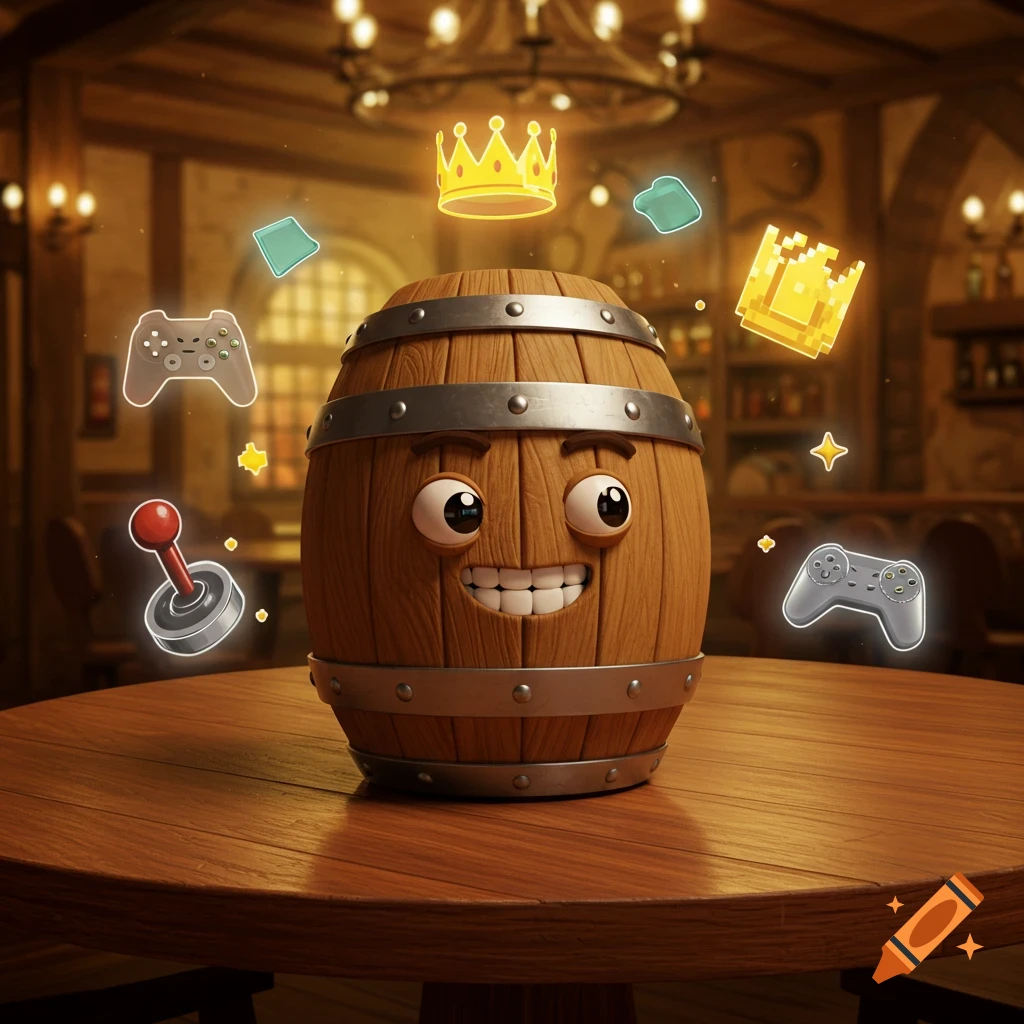 A happy cartoon wooden barrel with a face sits on a pub table, surrounded by floating gaming controllers, a joystick, and golden crowns.