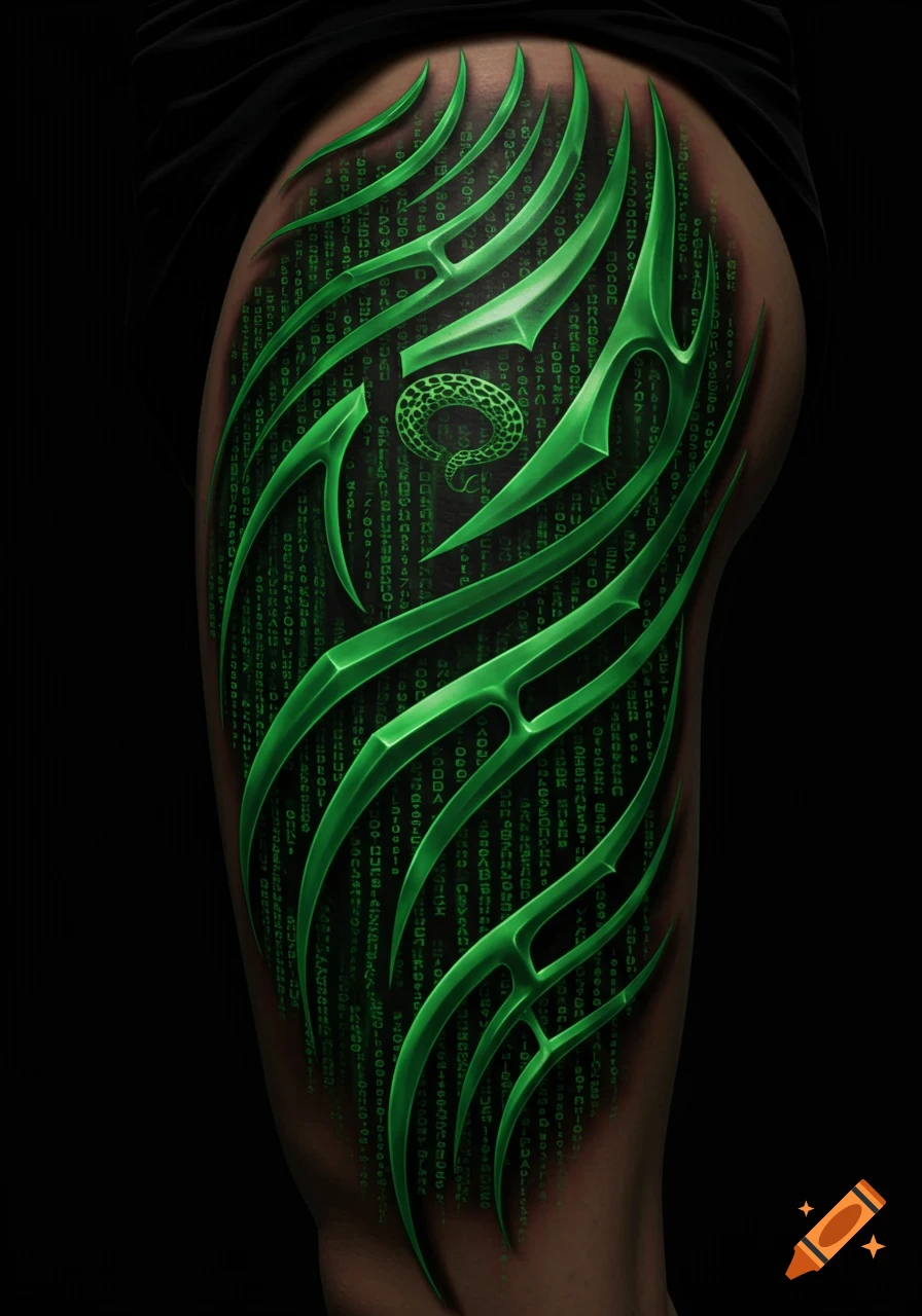 A realistic green tribal tattoo with Matrix-style code and a mamba logo on a person's thigh, set against a dark background.