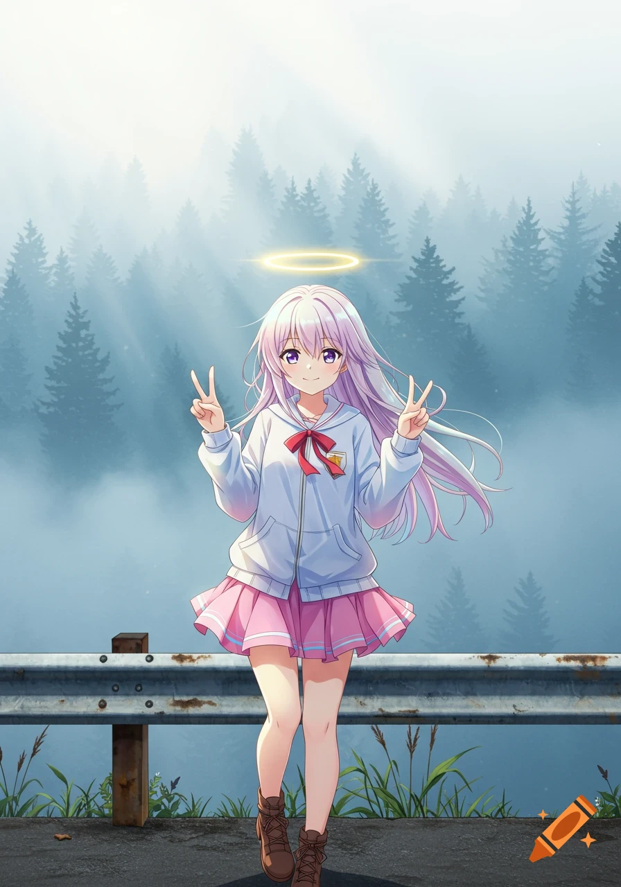 An anime girl with a halo and long lavender hair does a peace sign, standing in front of a highway guardrail with a misty forest background.