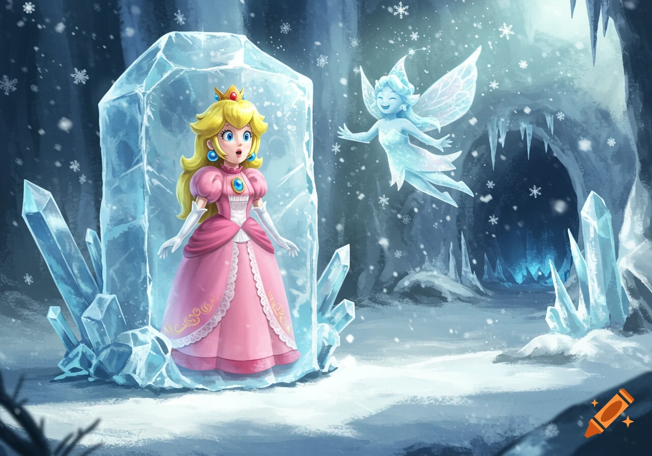 Princess Peach frozen in a block of ice in a snowy cave, a laughing ice fairy floats beside her. Digital illustration.