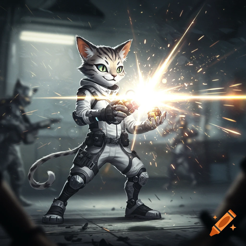 An anthropomorphic cat in a tactical suit holds two glowing flashbangs, creating a bright flash and sparks in a dark, action scene.