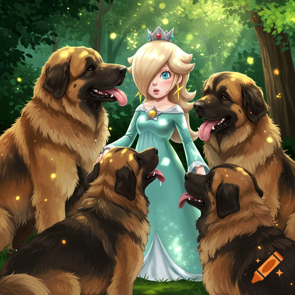 Digital art of Rosalina from Mario in a light blue dress and crown, surrounded by four large Leonberger dogs in an enchanted forest.