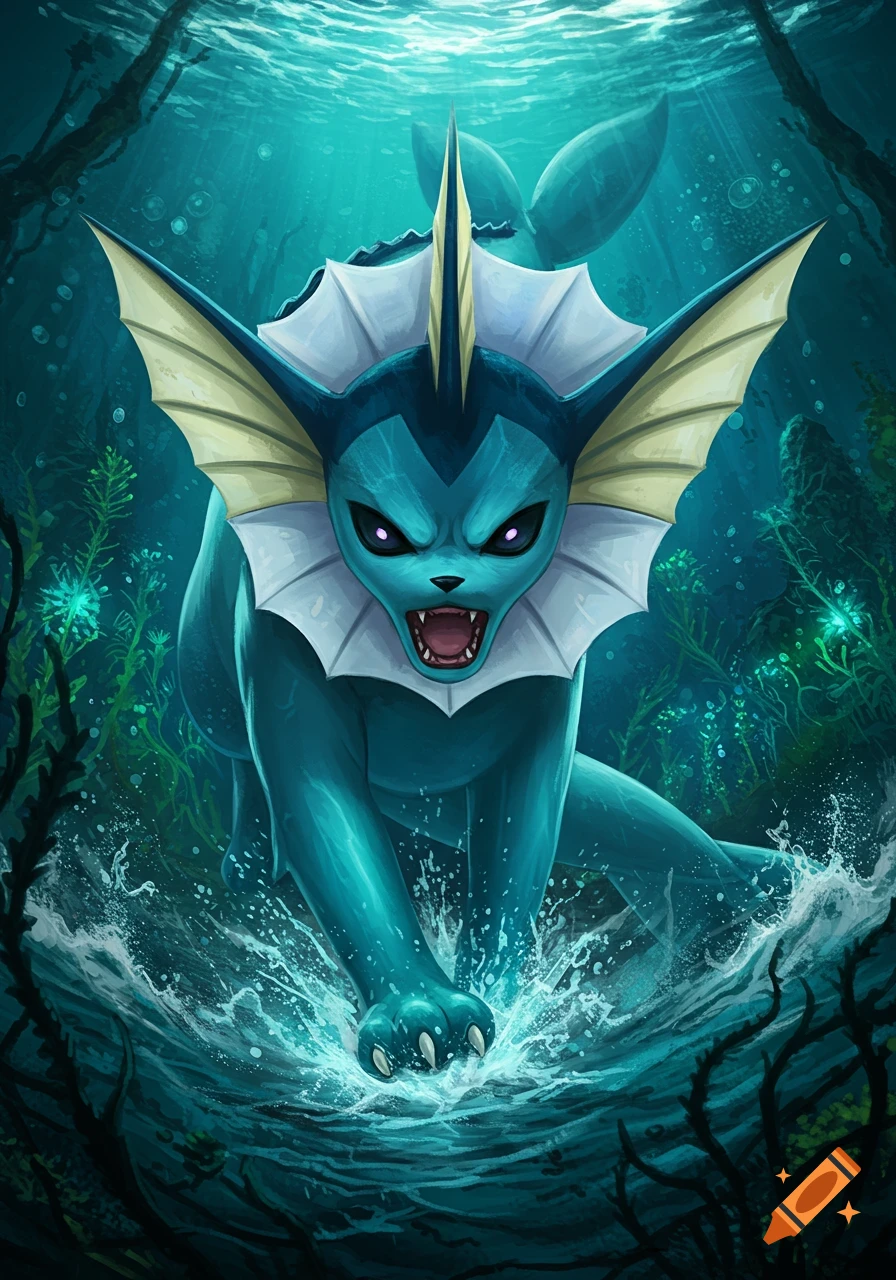 An angry Vaporeon runs aggressively through dark underwater plants, claws extended, splashing water in a dramatic digital art style.
