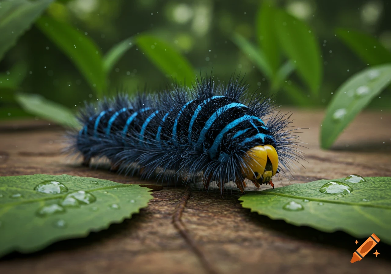 A fuzzy dark blue and black striped caterpillar with a yellow head crawls on a wooden surface next to wet green leaves.