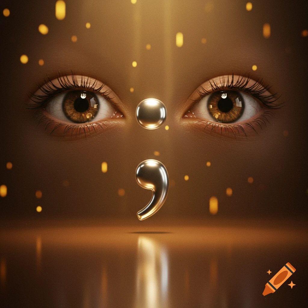 Close-up of two realistic brown eyes above a shiny metallic semicolon, set against a warm golden background with sparkling lights.