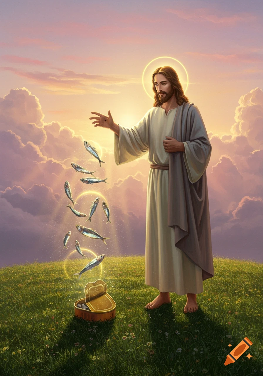 A digital painting of a Jesus-like figure on a grassy hill, summoning glowing sardines from a tin can under a sunset sky.