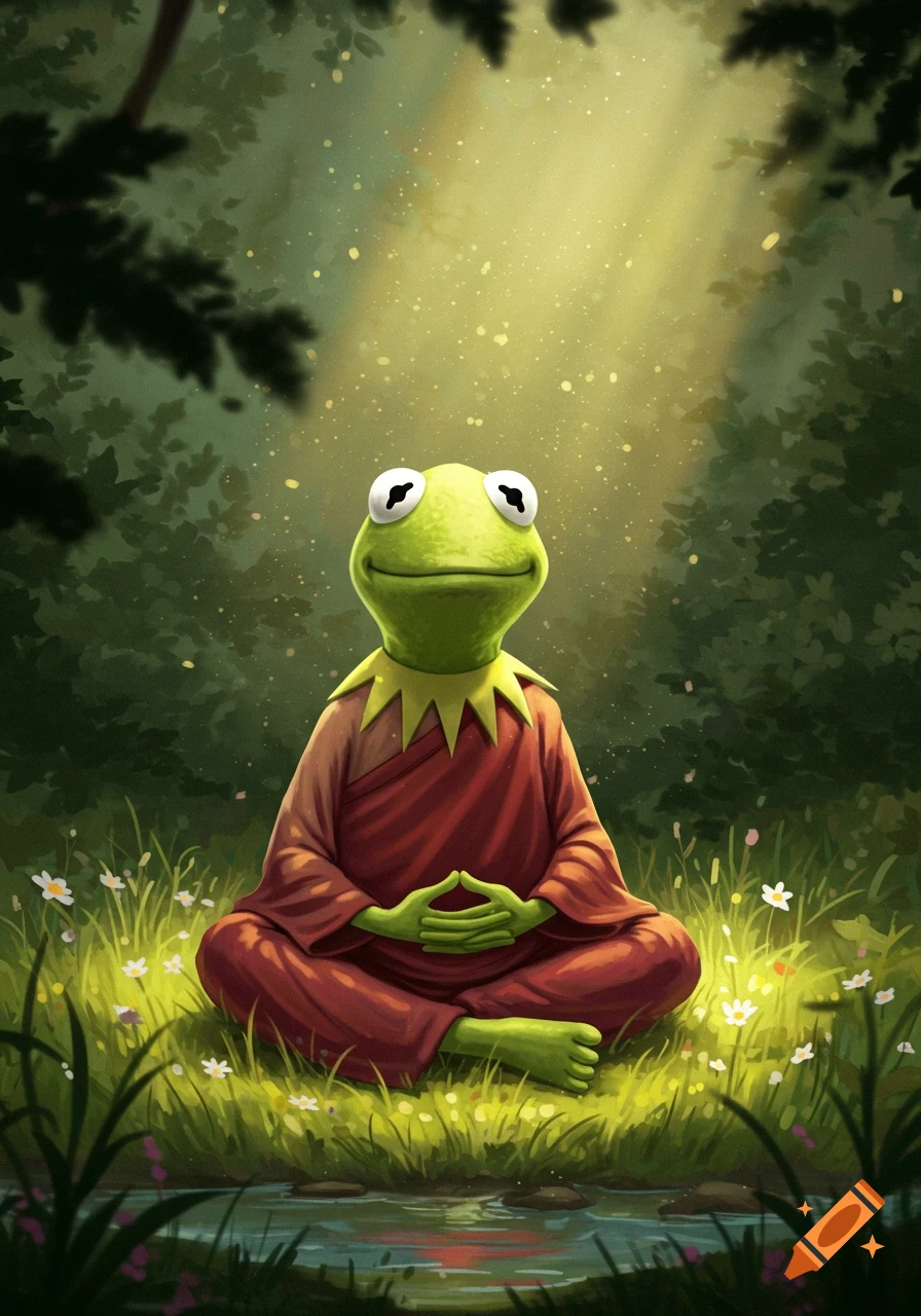 Kermit the Frog dressed as a monk meditating in a peaceful forest clearing with sunlight filtering through trees.