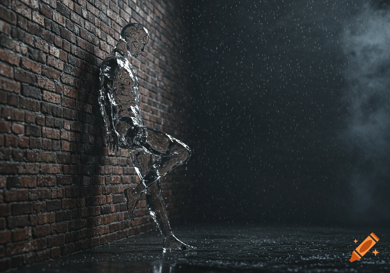 A photorealistic transparent water-style humanoid figure leans against a brick wall in dramatic rain and dark, moody lighting.