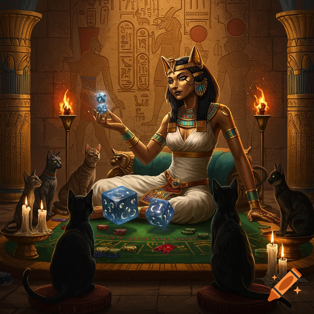 Egyptian goddess Bastet plays dice with black cats in an ancient temple, surrounded by hieroglyphics and lit candles.