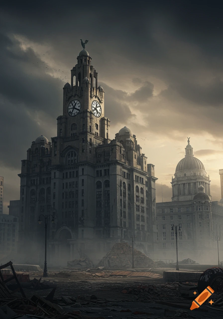 A desolate scene of a grand, ornate Liver Building standing amidst ruins under a dark, cloudy sky, with another domed building in the background.